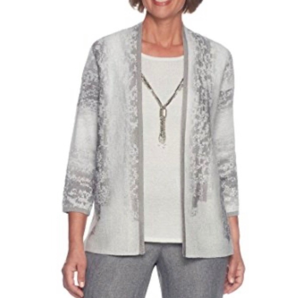 Alfred Dunner Silver Metallic Open Front Cardigan Layered Tank Top 2X Plus Size